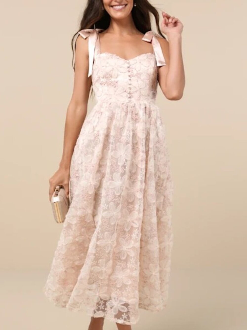 Blush Pink Sequin Floral Tie-Strap Midi Dress